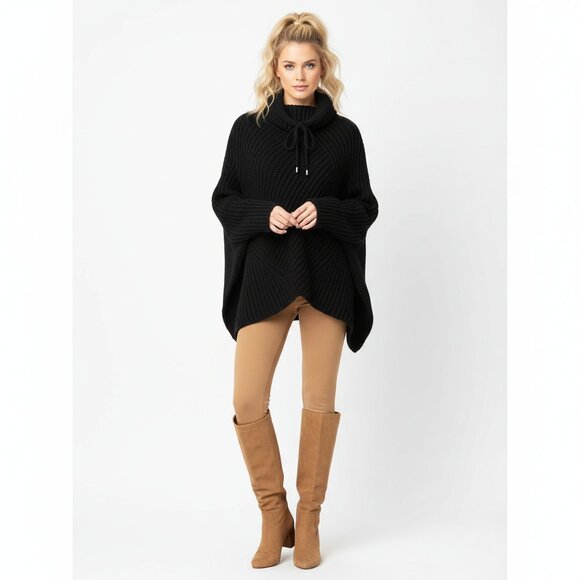 Neiman Marcus Black Chunky Knit Cowl Neck Pancho Cape Oversized Sweater M/L - Picture 8 of 8
